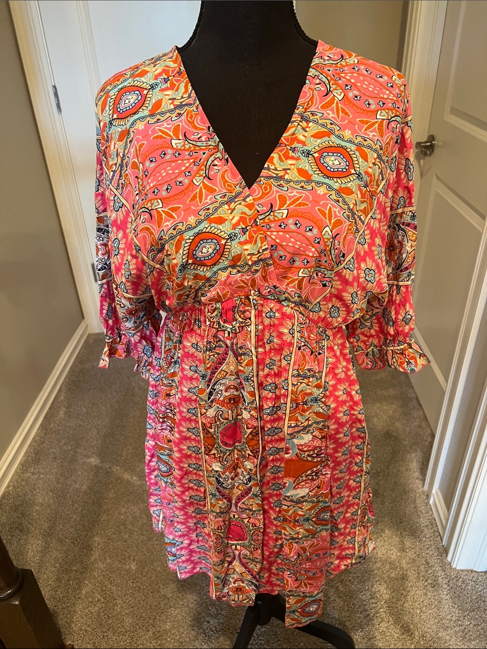 ePretty Pink Paisley V-Neck Boho Mini Dress
